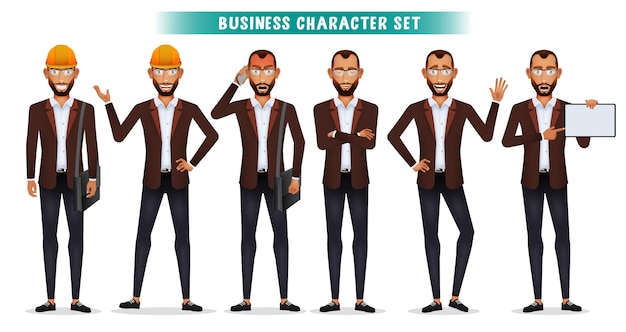 Vector business man character vector set businessman engineer employee characters standing with hard hat