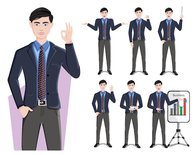 Business man character vector set businessman male characters in standing pose and gestures