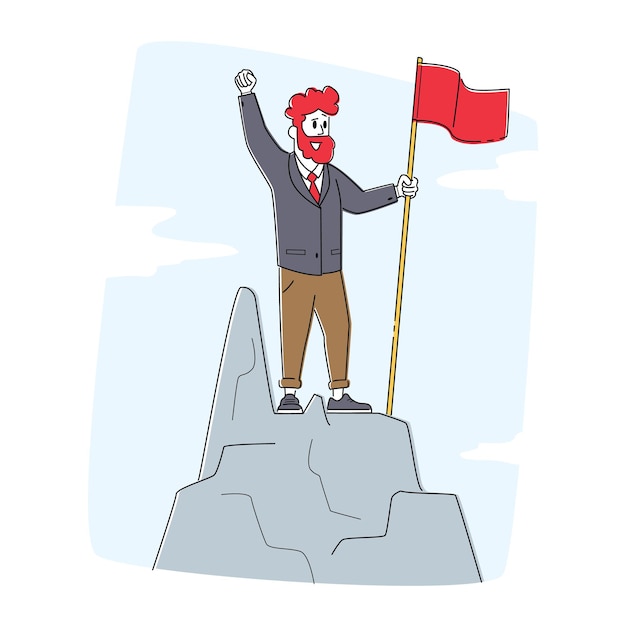 Business man character with red flag waving hand standing on top of mountain peak