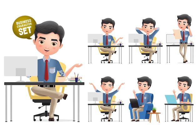 Business man characters in office desk vector set Business office manager character