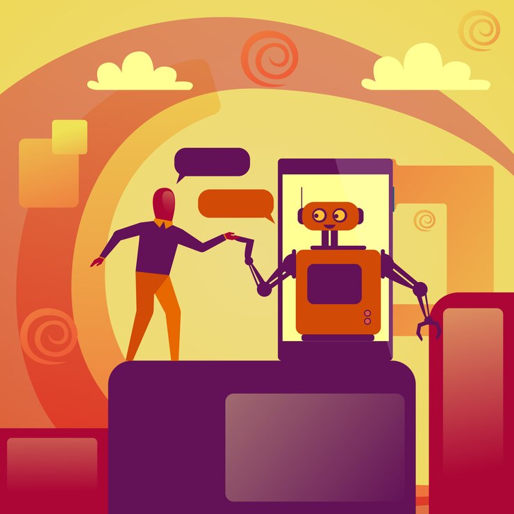Vector business man chatting with chatbot robot on smart phone tech support concept