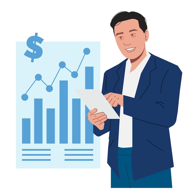 Vector business man checks finance report in flat illustration