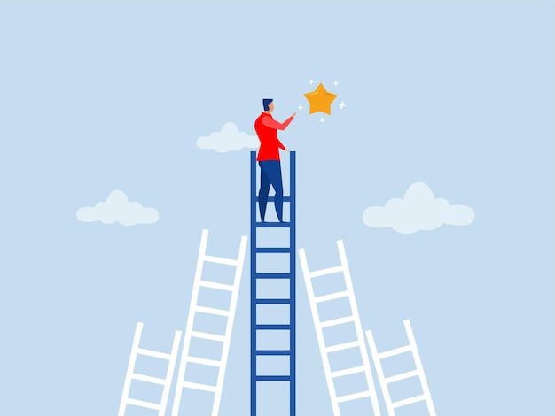 Business man on climb up ladder reaches stars target on sky achieve goal and dreamgoal achievemen