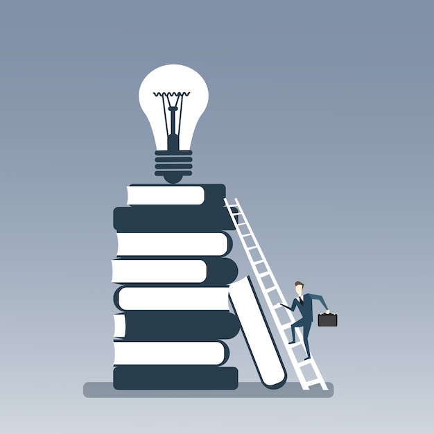 Vector business man climbing books stack to light bulb on top