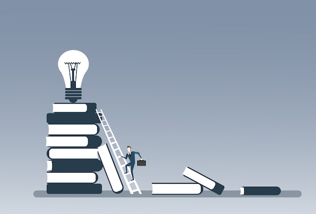 Vector business man climbing books stack to light bulb on top