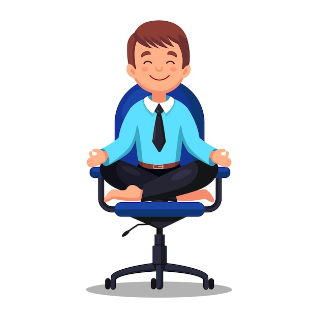 Business man doing yoga at workplace in office. worker sitting in padmasana lotus pose on chair, meditating, relaxing, calm down and manage stress