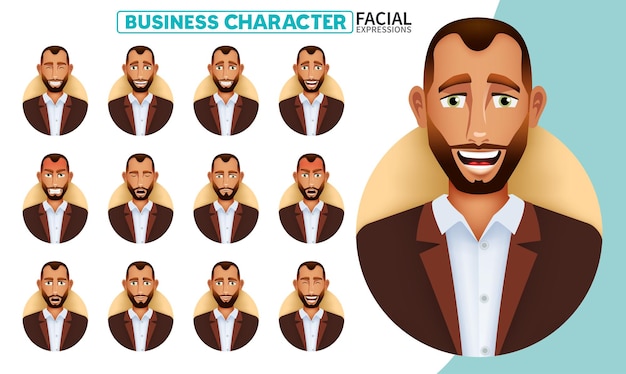 Set di vettori per le espressioni facciali dell'uomo d'affari personaggio del capo dell'uomo d'affari nel sorridere ridendo serio