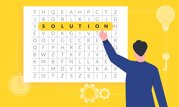 Business man finding the new ideas and solution illustration. highlighted word solution in the mess crossword game. entrepreneur searching the key to solve the problem in challenging times.