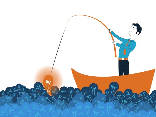 business man fishing a good idea in sea of light bulb vector illustration