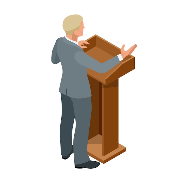 Business man giving a presentation in a conference or meeting setting. Orator speaking from tribune vector illustration