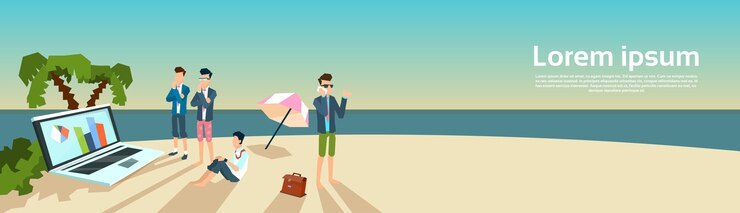 Vector business man group cooperation work on beach