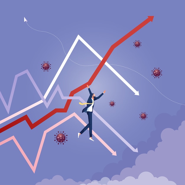 Business man hanging on arrows graph to higher