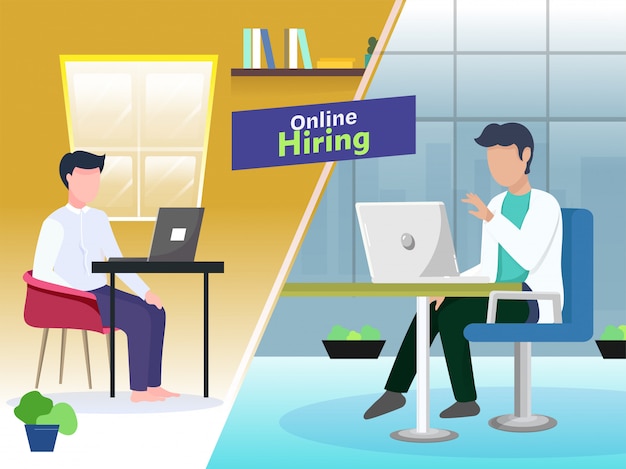 Business man having interview a job candidate from laptop for online hiring concept based poster .