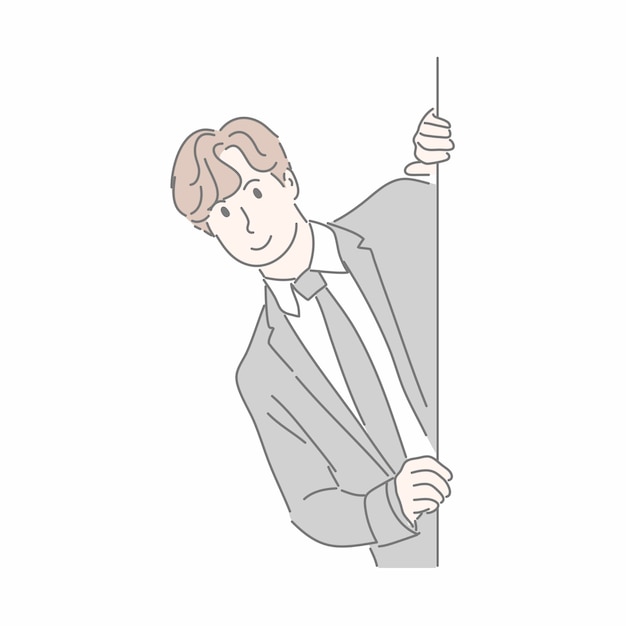 Vector business man hiding benign wall in hand drawn