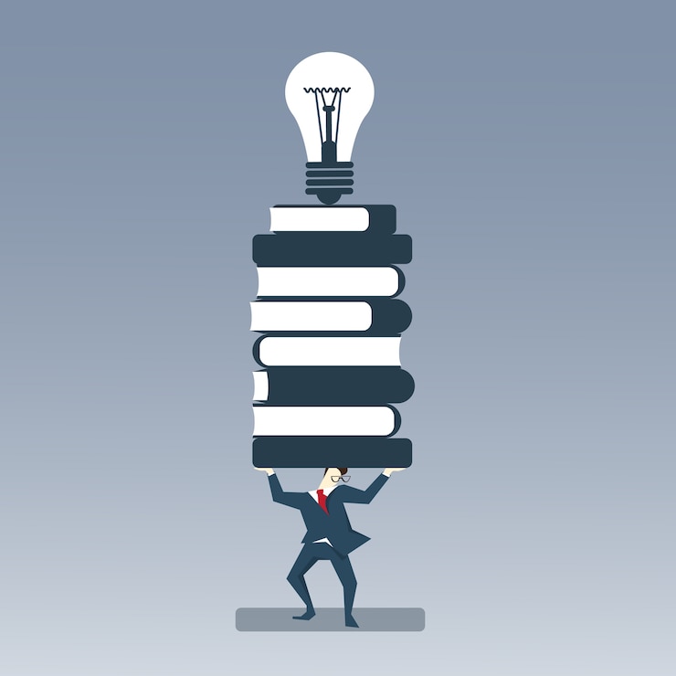 Vector business man hold books stack with light bulb on top 