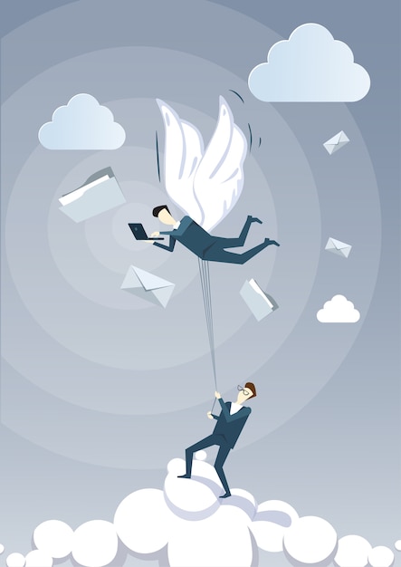 Vector business man hold colleague with wings flying in sky