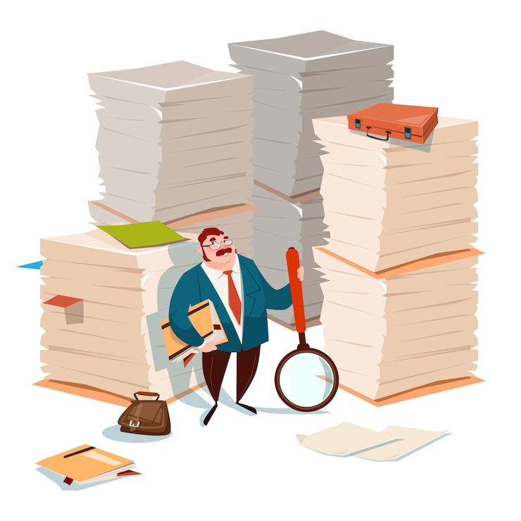 Vector business man hold magnifying glass 