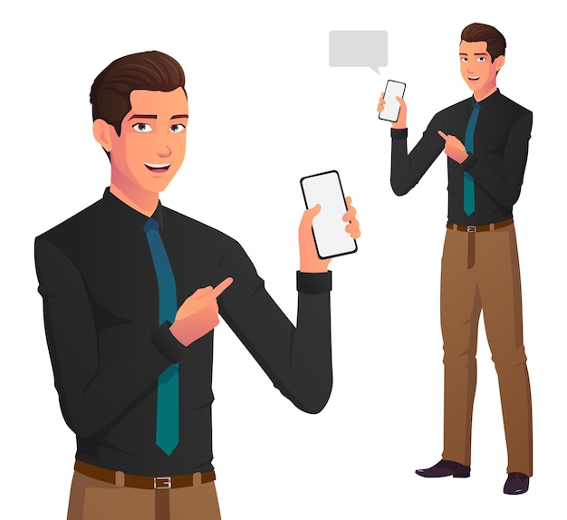 Business Man Holding a Mobile Phone and Pointing at it.