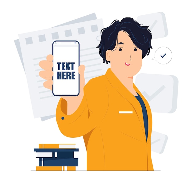 Business man holding and showing mobile smart phone screen concept illustration