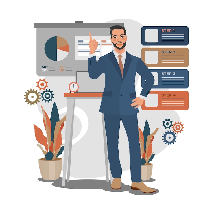 Vector business man idea and presenting illustration