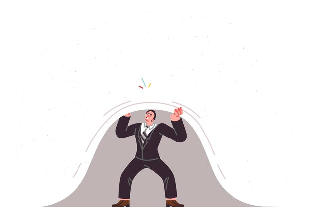 business man is overexerting himself by lifting heavy curtain to reach new professional level