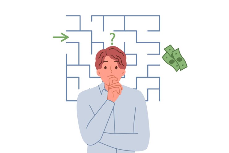Vector business man is thinking about way to get rich and get money from company standing near maze