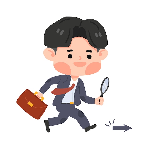 business man looking at arrows pointing with Magnifying glass