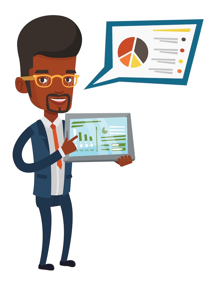 Vector business man presenting report on tablet computer.