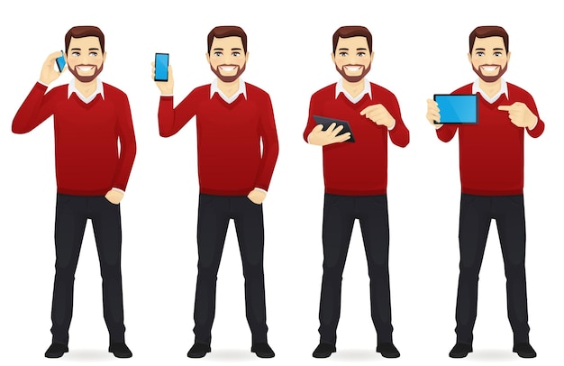 Business man in a red sweater holds tablet and phone in his hand vector illustration