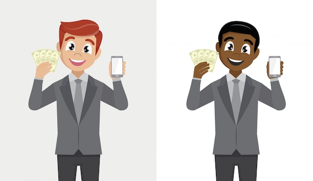 Business man showing or holding a smartphone and cash.