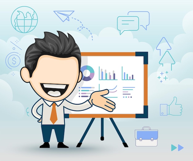 Business man shows a financial report The manager makes a presentation in cartoon style