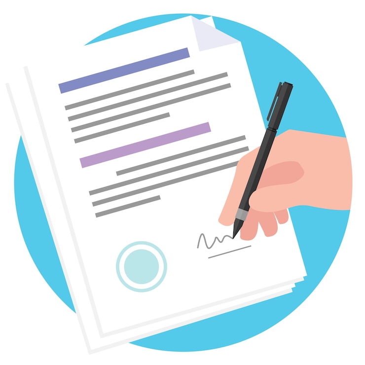 Vector business man signing on a white sheet of paper businessman hands holding a pen and signing