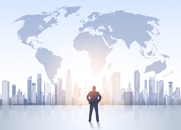 Business Man Silhouette Over City Landscape World Map Modern Office Buildings