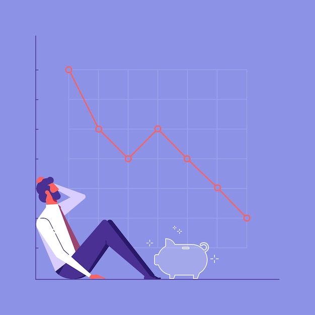 Vector business man sitting on graph with empty piggy bank and arrows of stock market falling down