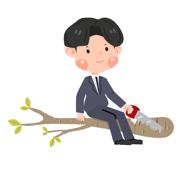 Business Man sitting on tree branch cutting it