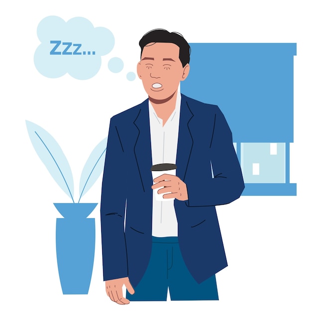 フラットのイラストで仕事前にコーヒーを飲んで眠いビジネスマン