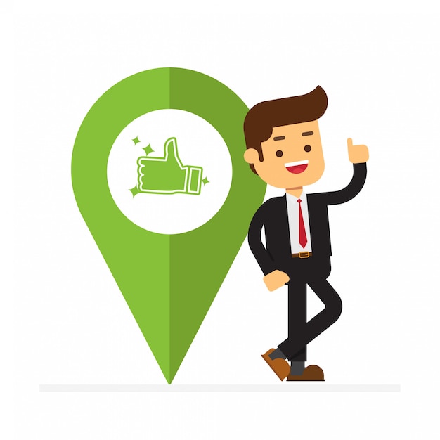 Vector business man stand next to a large map pointer