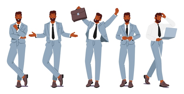 Vector business man standing in different poses male character in smart wear posing with folded arms showing confusion gesture holding laptop rejoice with raised arms cartoon people vector illustration