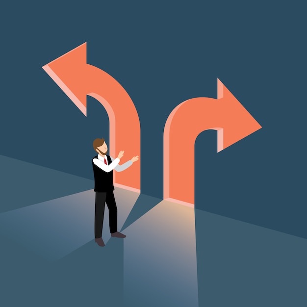 Vector business man standing in front of confusing arrow with isometric concept