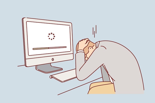 Business man suffers from computer breakdown and grabs head seeing progress bar on monitor Concept bad internet connection negatively affecting business processes and causing stress to employees