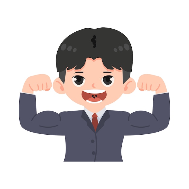 Vector business man in suit shows muscles cartoon