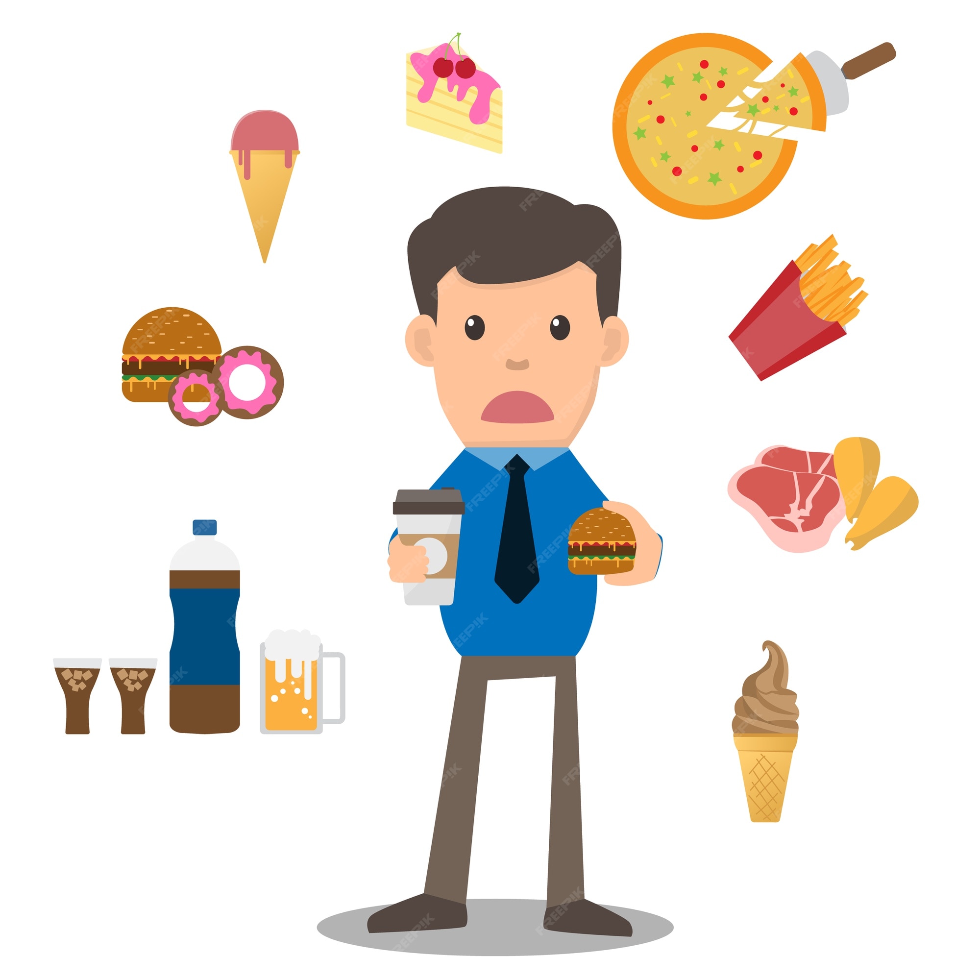 Premium Vector | Business man unhappy hungry bearded man eating junk food Premium Vector | Business man unhappy hungry bearded man eating junk food