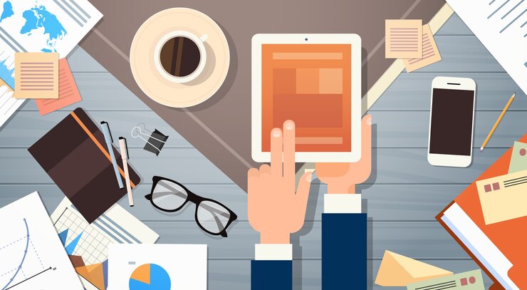 Vector business man using tablet 