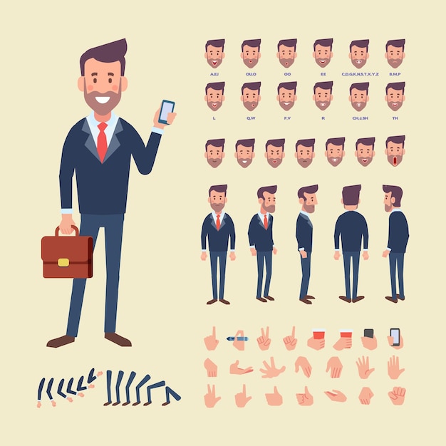 Business Man voor animatie met verschillende kapsels, emoties, lipsynchronisatie en gebaren