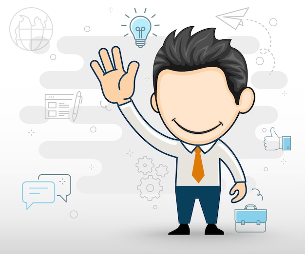 Business man waving with his hand The concept of young entrepreneur spirit in cartoon style