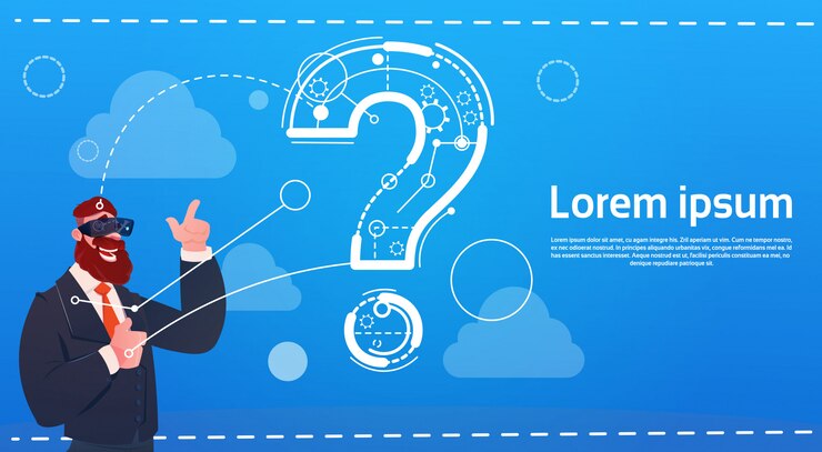 Vector business man wear digital reality glasses question mark ponder problem concept