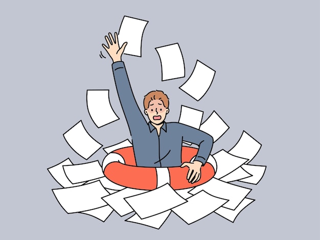 Business man with lifeline is drowning in paperwork suffering from burnoutcausing bureaucracy Corporate manager guy needs help with digitalization and getting rid of bureaucracy