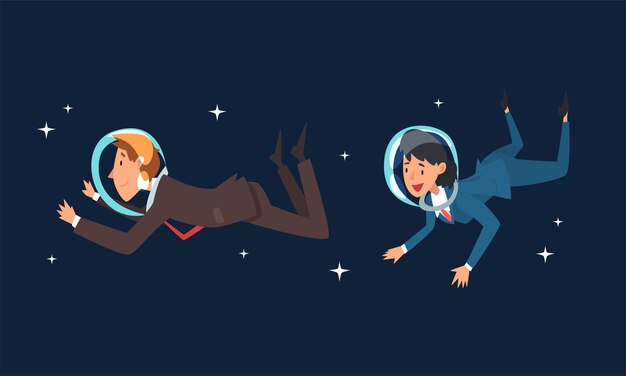 business man and woman characters in suit and astronaut helmets flying in outer space among stars vector set