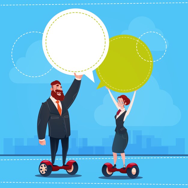 Business Man And Woman Ride Electric Scooter Transport Chat Bubble Copy Space