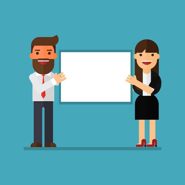 Business man and woman stand near presentation board